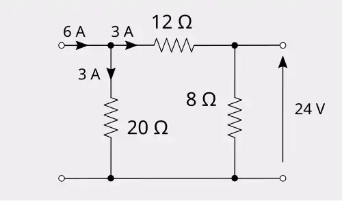 The previous attenuator showing port 1 current splitting to 3 A in each branch