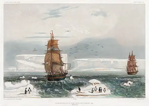 Reconnaissance de la Terre Adelie, le 20 Janvier 1840, lithograph by Léon Sabatier after Louis Le Breton and Auguste Étienne François Mayer