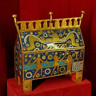 Champlevé gilt-copper reliquary in typical "chasse" shape with scenes from the story of Thomas Becket. Made in Spain, also a centre of medieval enamelling.