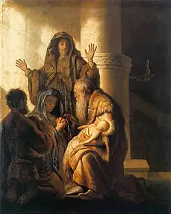 Rembrandts Simeon and Anna in the Temple (1627–1628), since 1912 in Hamburger Kunsthalle. Oil on Oak Panel (55,4 x 43,7 cm).