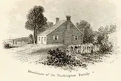 Sketch of a cabin with the caption "Residence of the Washington Family"