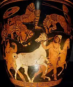 Odysseus wearing the pilos. Ancient Greek red-figure situla from Apulia, ca. 360 BC, Museo Nazionale Archaeologico, Naples