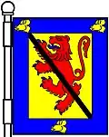 a ribbon (or riband)—Or, lion rampant gules, surmounted of a ribbon sable; within a bordure azure charged with three boars' heads erased, or—Drummond of Hawthornden, Scotland