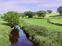 A narrow beck with green fields either side
