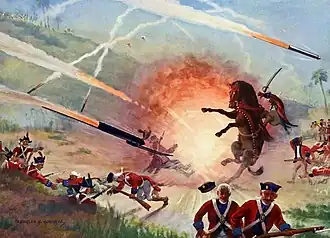 A painting showing the Mysorean army fighting the British forces with Mysorean rockets, which used metal cylinders to contain the combustion powder.[73]