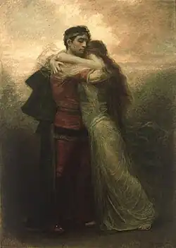 Painting of a man and woman embracing against a backdrop of distant light.