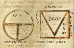 T and O map accompanied by a V-in-square map, from a copy of the Etymologiae (c. late 8th century).