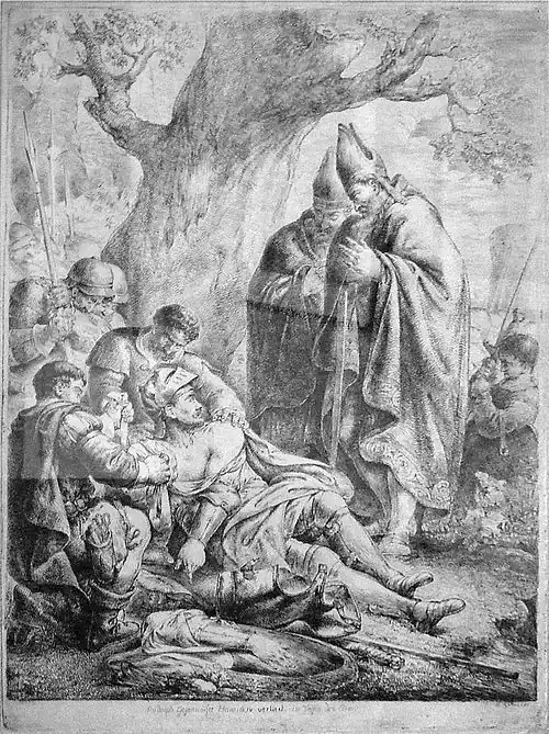 An engraving depicting a bearded middle-aged man dying on the ground before two bishops