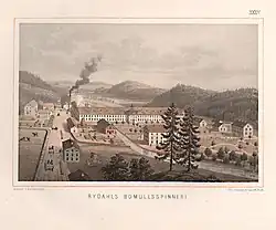 Lithography print in colour showing the mill and it's smoke stack surrounded by houses, roads, fields and mountains. Horse-drawn carriage can be seen on the roads.