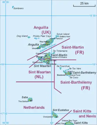 Map showing the location of St. Eustatius relative to Saba and St. Martin