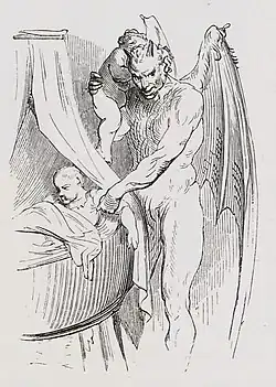 Devil swapping a child in crib with changeling called Killecroff ―Illustrated by Gustav Doré, Saintine (1862) Mythologie du Rhin