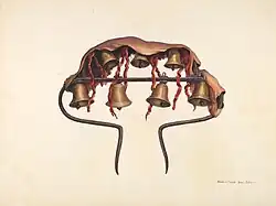 seven bells hanging from iron frame