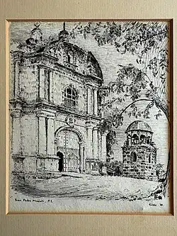Pen and ink study of San Pedro Macati PI by Prof R Darnley Gibbs in 1939