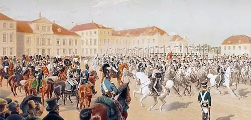 A military parade in front of the Saxon Palace