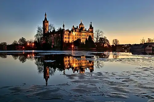 The castle view on a winter evening