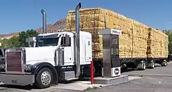 A transport truck is hauling an open-bed trailer, filled with large square bales
