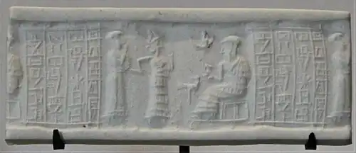 Seal impression of King Ebarat (𒂊𒁀𒊏𒀜), founder of the Sukkalmah Dynasty, also called "Epartid Dynasty" after him. He uses the title of king (𒈗 Šàr, pronounced Shar) in the inscription. Louvre Museum, reference Sb 6225. King Ebarat appears enthroned. The inscription reads "Ebarat the King. Kuk Kalla, son of Kuk-Sharum, servant of Shilhaha"[141][142][143][144]