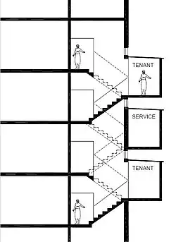 Service corridor, the section at tenant stairs.