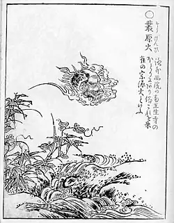 Sōgenbi (ja:叢原火) Sekien's comments: It can be found in the west of Saiin outside the capital, near Mibudera temple. It is also called Sōgenbi of Suzaku.