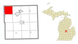 Location within Gratiot County (red) and an administered portion of the Riverdale CDP (pink)