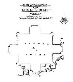 Ground plan of the second stupa, of a cruxiform shape. The central square plinth is 175 feet (53 m) wide, the full width, including the stairs is 272 feet (83 m).[6]