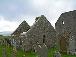 A photograph of a stone building with grave markers surrounding it.