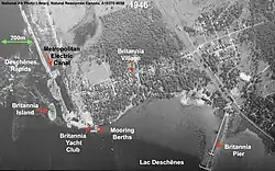 Vertical aerial view of the landscape when Captain Tom Fuller and Reg Bruce contemplated creating two new boat harbours for the BYC whose mooring berths were at full capacity (1946).