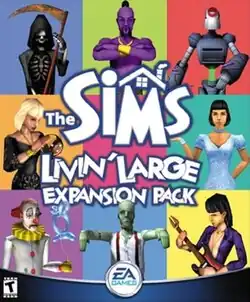 The words "The Sims: Livin' Large Expansion Pack" appear in the center of the cover, which consists of a grid of 9 rectangles with different background colors. The 8 rectangles forming the border each contain a different character: a Grim Reaper in a black cloak, a purple genie, a gray skinny robot, a blonde woman looking at a crystal ball, a raven-haired woman in sparkly blue gown, a sad clown holding a balloon sculpture, a green-skinned zombie, and female musician playing a guitar.