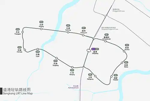 This image is a geographic route map of the Sengkang LRT Line, showing the actual geographical layout of the tracks and stations on the East and West Loops in relation to waterways. The map also highlights the central Sengkang station and its interchange with the North East Line, as well as a connection to the Punggol LRT Line to the north. Station names are provided in both English and Chinese characters.
