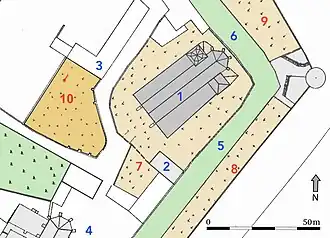 Location map: 1. Theodorskirche 2. Allerheiligenkapelle (All Saints' chapel) 3. Vicarage 4. Kartausgasse 5. Theodorsgraben 6. Claragraben 7. Special cemetery 8. Kleeacker cemetery 9. Mättelein cemetery 10. Merianscher Totenacker with Theo's grave