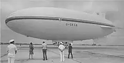 An airship standing on an airfield with several people looking at it