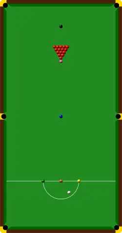 A computer-generated picture of a snooker table viewed from above, drawn exactly to scale, with the snooker balls shown in their starting positions