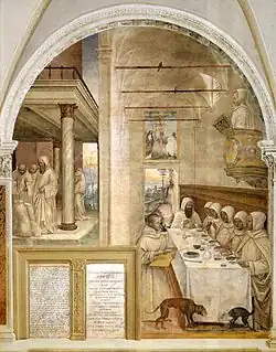 The monks of the order of Saint Benedict (c. 480–542) first dressed in undyed white or gray wool robes, here shown in painting by Sodoma on the life of Saint Benedict (1504). They later changed to black robes, the color of humility and penitence.
