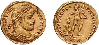 Solidus, obverse showing Julian as philosopher, reverse symbolizing the strength of the Roman army