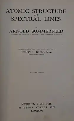 Title page to Atomic Structure and Spectral Lines (1923), translated by Henry Brose