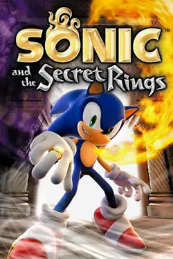 A blue anthropomorphic hedgehog with spiky hair poses in the foreground, facing the camera and smiling mischievously. A shiny golden ring is on his right middle finger and a flame streams upward from his heart, from which he does not flinch. The background contains a temple with a door through which bright light is visible. A large part of the left side of the scene is obscured by purple fog, and wind graces the floor near the hedgehog's shoes. Near the top of the image, the text "Sonic and the Secret Rings" appears in stylized, metallic form, the first word colored gold and the rest of them silver.