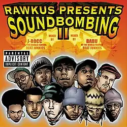 Hand-drawn pictures of heads of some of the artists on the album, placed on an orange background. Above them is the text "Rawkus Presents Soundbombing II", stylized in all uppercase 3D letters.