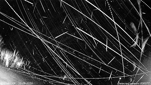 Sprites over Alps, close to Triglav, depicted in stack of images from Global meteor network camera HR000P (2020-09-23).