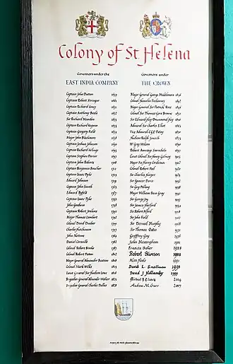 A calligraphic list of St. Helena's governors