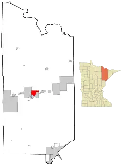 Location of the city of Virginia within St. Louis County, Minnesota