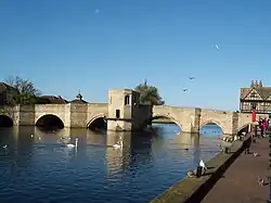 The bridge from The Quay showing the six spans and the chapel