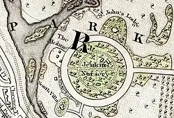 1833 map of the Inner Circle of Regent's Park shows St. John's Lodge on the outside perimeter at about one o'clock and The Holme at about ten o'clock. The inside of the Inner Circle is labeled "Jenkins Nursery".