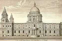 Christopher Wren's drawing of his new St Paul's. The building is quite fat, with two fussy pinacle towers at the west end. In the middle is a huge dome, which looks a bit like a breast on a wedding cake.