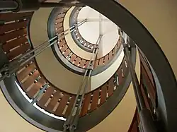 One portion of Stauffer Library's interior helical staircase