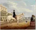 Stephen Butts on a white horse, Macquarie Street , Sydney (ca. 1850)