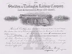 Railway company share certificate including engraving of Skerne Bridge