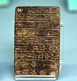 Stone tablet. Votive inscription of Shulgi, king of Ur. Mentions the dedication of the temple of E-ninnu to the god Ningirsu. From Lagash, Iraq. 21st century BCE. Ancient Orient Museum, Istanbul