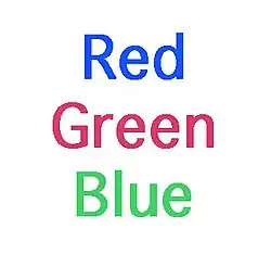 The words "red, green, and blue" are shown in colors not associated with their names.