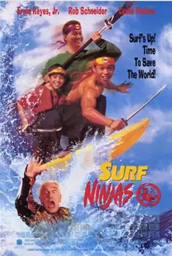Three teenage boys stand on a yellow surfboard, riding a tidal wave. They wear yellow-and-orange bandannas, are armed with sword-like weapons, and are smiling. Beneath their surfboard is an old, armored man with a shocked look on his face, reaching up with his right hand for help. Beside the surfboard are the words "Surf Ninjas", followed by a dragon emblem.
