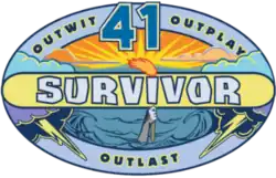 Two thunderstorms--each on left and right--and a lower arm holding a torch, visible above the waters. The torch's flame on foreground, putting the sun behind it. Huge "41" on top-center.